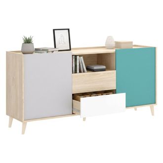 Dmora Aparador Rainier, Buffet De Sal&oacute;n, Aparador De Sal&oacute;n Moderno Con 2 Puertas, 155x43h75 Cm, Blanco Y Roble - Dmora
