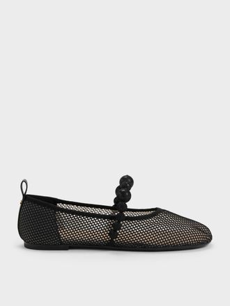 Charles & Keith Leather Mesh Beaded Mary Jane Flats