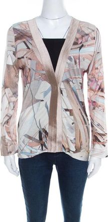 Escada Feather Brown Abstract Print Knit Button Front Soad Cardigan