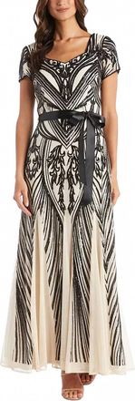 R & M Richards Sequined Belted Maxi Dress In Champagne Black