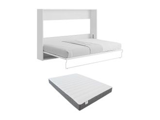 Vente-Unique Cama abatible de 140 x 200 cm - Apertura horizontal manual - Blanco + colch&oacute;n MALINA II