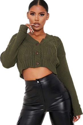 Crazy Girls Womens Ladies Long Sleeve 3 Button Cropped Chunky Aran Cable Knitted Grandad Cardigan (12-14, Khaki)
