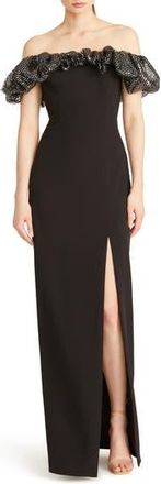 Monique Lhuillier Micaela Metallic Ruffle Crepe Sheath Gown in Silver/Black at Nordstrom Rack, Size 2