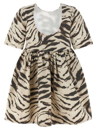 Ganni Zebra-Print Organic Cotton Denim Dress - Beige
