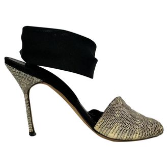 Manolo Blahnik Pre-owned Womens Snake-Embossed Lace Up Sandals in Animal Print Leather - Black Resin - Size EU 37