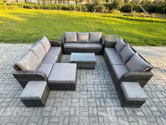 Fimous Rattan Lounge Sofa Set 12 Seater Outdoor Garden Furniture Set with Rectangular Coffee Table 3 Seater Sofa Side Table 3 Footstools in Dark Grey