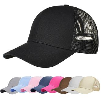 Heekpek Women Baseball Cap Messy Bun Ponytail Half Mesh Adjustable Cap Summer Hat (Black)(Size: One Size)