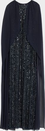 Aidan Mattox Beaded Cape-Sleeve Column Gown