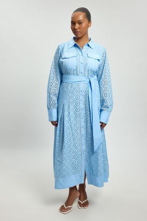 Karen Millen Womens Plus Size Cotton Broderie Belted Shirt Dress - Blue - Size 22 UK