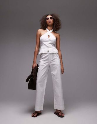 Emory Park belt detail wide leg linen look pants in white - part of a set