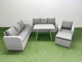 Fimous 6 Pieces Outdoor PE Rattan Garden Furniture with Side Table Big Stool in Light Grey