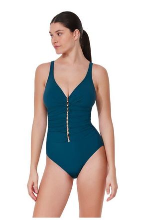 Gottex Tutti Frutti D-Cup V-Neck Gold Beaded One Piece in Petrol at Nordstrom, Size 10