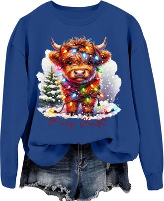 Generic Women Christmas Sweatshirt Funny Christmas Jumpers Highland Cow Christmas Girly Holiday Western Print Sweatshirt Blue