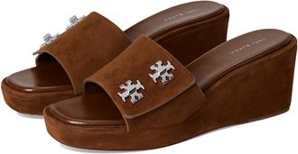 Tory Burch Turnlock Wedge Sandal 60mm Womens Dress Sandals Cognac Brown : 10.5 M, Suede