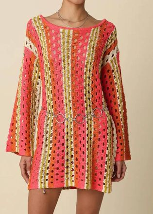 Olivaceous Phoenix Long Sleeve Crochet Cover Up In Pink/rust/ecru