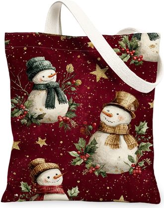 Generic Snow Man Canvas Tote Bags, Festive Winter Holiday Pattern Reusable Shopping Bags, Rustic Cozy Lightweight Washable Shoulder Strap Canvas for Grocery T