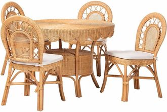 Baxton Studio Travis 5Pc Natural Rattan Dining Set With Round Scalloped Edge Table & 4 Curved Back Chairs