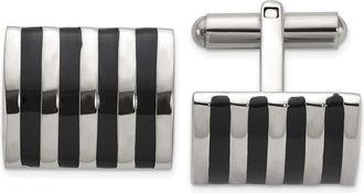 Diamond2Deal Stainless Steel Polished with Black Enamel Stripes Cuff Links