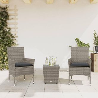 vidaXL Mesita Y Sillas Con Cojines 3 Pzas Rat&aacute;n Sint&eacute;tico Vidrio Gris Vidaxl
