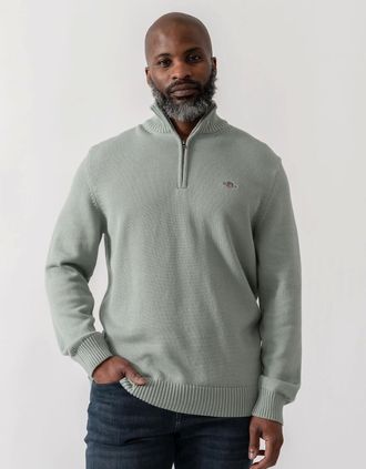 GANT Mens GANT Mens Casual Cotton Half Zip Jumper - 10 Ceramic Grey - Tan - Size: 38