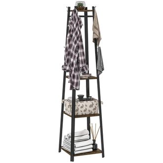 HOMCOM Clothes Rack With Storage - Garment Rack With 8 Hooks And 3-Tier Shelf - Rustic Brown/Black | TJ Hughes Black