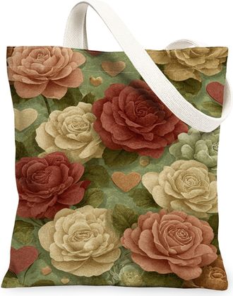 Generic Floral Canvas Tote Bags, Vintage Rose Pattern Reusable Grocery Bags, Autumn Rustic Lightweight Washable Shoulder Strap Canv, Multi-color, 13x15 Inch