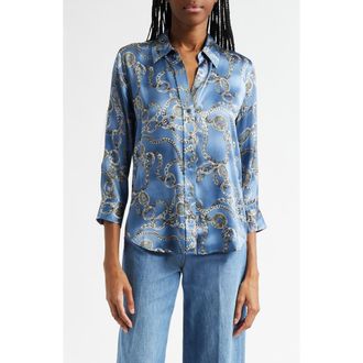 L'agence Dani Chain Print Silk Button-Up Shirt in Blue Horizon/Silver Good Luck at Nordstrom Rack, Size X-Small