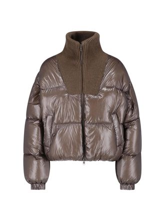 Diesel Cropped Brown Puffer Jacket with Ribbed Knit Collar and Embroidered Detail