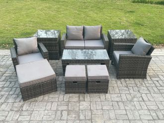 Fimous 9 PCS Outdoor Lounge Sofa Set Wicker PE Rattan Garden Furniture Set with Rectangular Coffee Table Armchair in Dark Grey