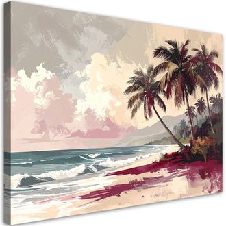 Feeby Impresi&oacute;n De Imagen, Playa Tropical Con Palmeras Y Mar En Tonos Burdeos Y Beige, 100x70