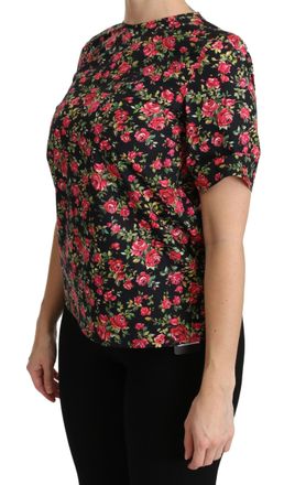 Dolce & Gabbana Womens Black Floral Roses Short Sleeve Top Blouse Cotton