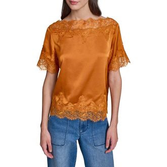 Karl Lagerfeld Lace Detail Satin Top in Sienna at Nordstrom, Size X-Large