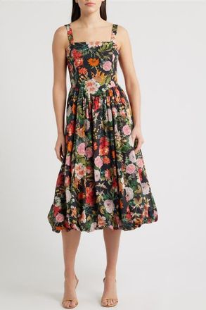 Julia Jordan Floral Basque Waist Fit & Flare Midi Dress in Black Multi at Nordstrom, Size 12