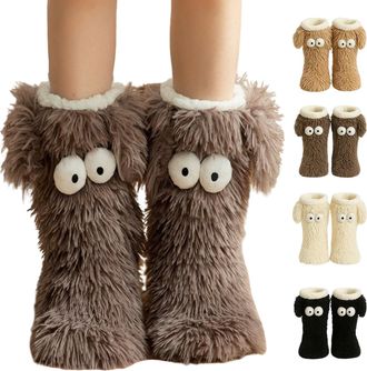 Generic Muffle Friends Cozy Socks, Womens Winter Warm Fuzzy Non-Slip Slipper Socks with Cute Big Eyes, Thick Fleece Indoor Home Floor Socks (Coffee)