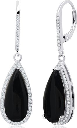MAX + STONE Pear Cut Gemstone Quartz and White Topaz Halo Dangle Leverback Earrings in Sterling Silver (18x8mm)