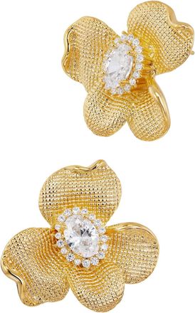 Savvy Cie Jewels 14K GOLD PLATED OVER BRASS MATTE FLOWER SPARKLY CENTER EARRINGS
