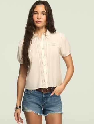 Lucky Brand Womens Short Sleeve Embroidered Peter Pan Peasant Top