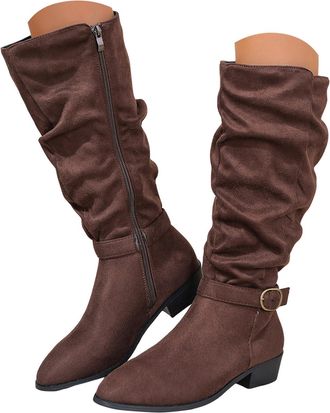 Generic Women Knee High Boots 2025 Winter Breathable Cutout Wide Calf Slouchy Ruched Suede Slip on Low Heel Boots Comfortable Casual Solid Color Non Slip Roun