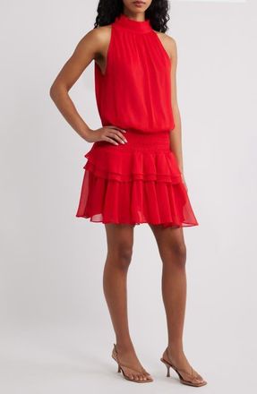Ronny Kobo Leah Mock Neck Ruffle Dress in Dark Crimson at Nordstrom, Size X-Small