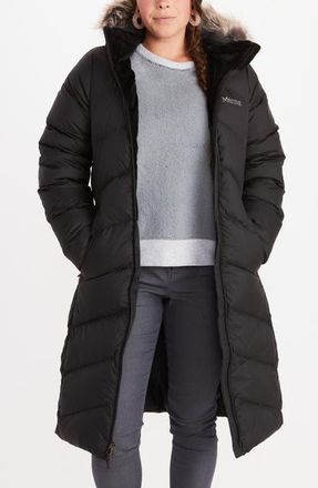 Marmot Montreaux 700 Fill Power Down Hooded Coat with Faux Fur Trim in Black at Nordstrom, Size Small