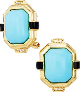 Savvy Cie Jewels GOLD PLATED OVER BRASS BLACK ENAMEL RESIN ART DECO OMEGA CLIP EARRINGS