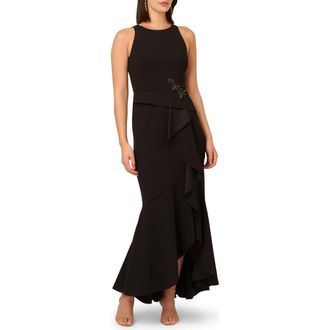 Adrianna Papell Beaded Appliqu&eacute; Ruffle Crepe Gown in Black at Nordstrom, Size 10