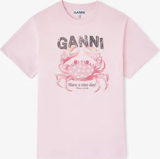 Ganni Pink T-shirt with Crab - Size XXS Organic Cotton