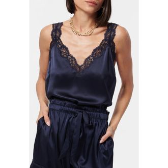Cami NYC Fernanda Lace Trim Silk Charmeuse Tank in Navy at Nordstrom, Size Xx-Small