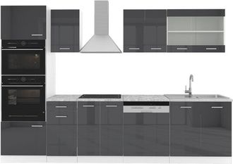 Vicco Mueble De Cocina R-line, Antracita Brillo Intenso/blanco, 300 Cm Con Armario Alto, Et M&aacute;rmol