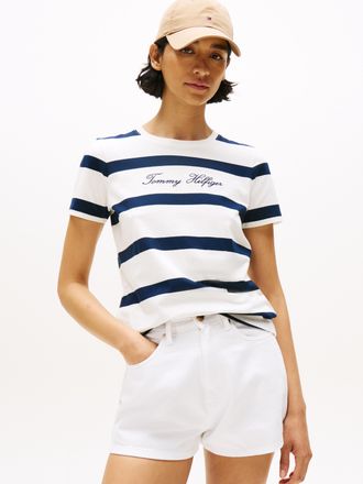 Tommy Hilfiger Kurzarmshirt TOMMY HILFIGER SCRIPT REG C-NK SS T-SHIRT, Damen, Gr. XS (34), beige (wide stp ivory silk, schwarz night), Single Jersey, Obermaterial: 1