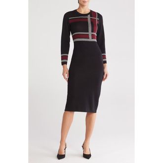Sandra Darren Plaid Long Sleeve Body-Con Sweater Dress in Red/White/Black at Nordstrom Rack, Size X-Large