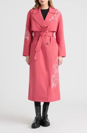 NVLT Embroidered Belted Trench Coat in Pitaya Red at Nordstrom, Size X-Small