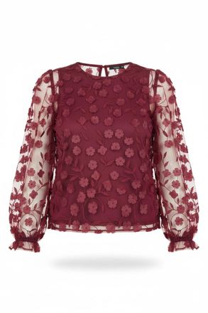 Yumi Burgundy Sheer Sleeve Applique Flower Top (UK, Numeric, 10, 12, Regular, Regular, Burgundy)