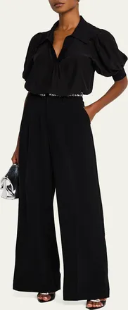 Cinq &agrave; Sept Weldon Collared V-Neck Short-Sleeve Silk Combo Top